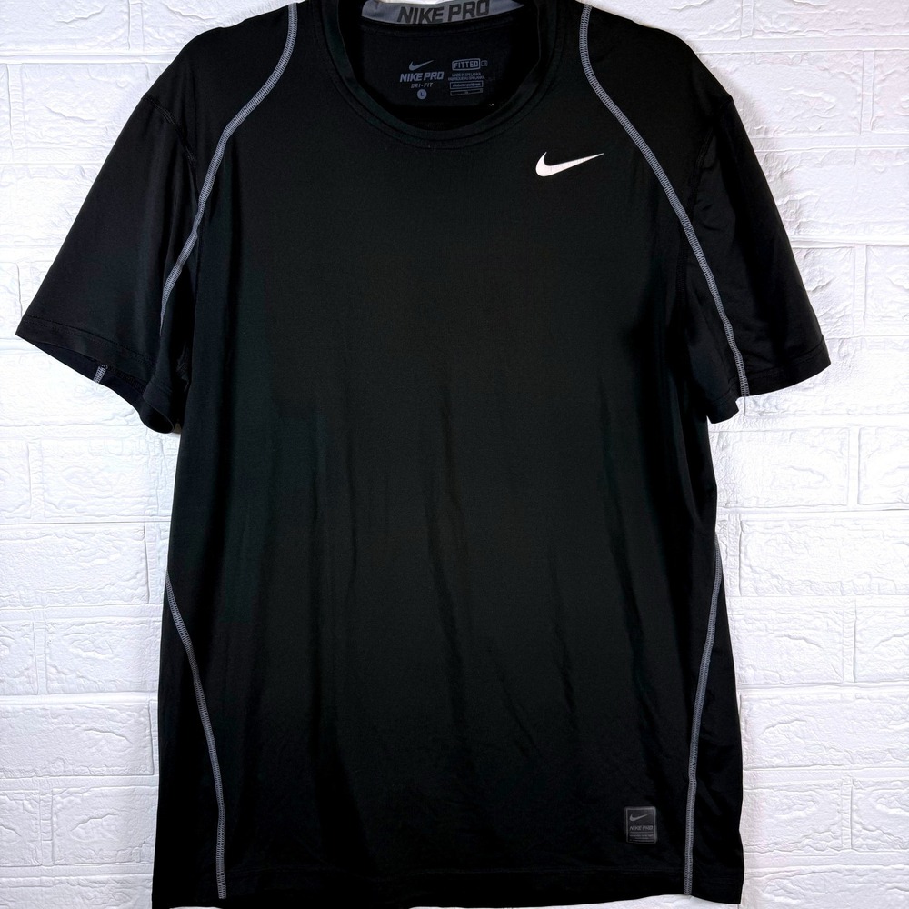 Nike Pro Dri-FIT Shirt Mens Large Black Fitted Short Sleeve Training Top